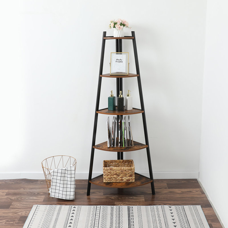 17 Stories 5 Tier Industrial Wood Corner Ladder Shelf,Brown Wayfair